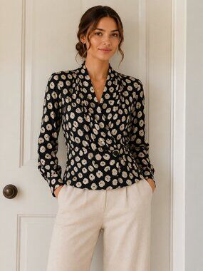 Vtg Constance Saunders 100% silk blouse black cream abstract circles sz 4 ~ M